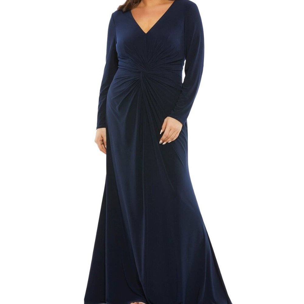 Mac Duggal Midnight Blue Long Sleeve Twist Front Jersey Sheath Gown